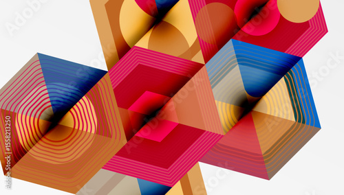 Abstract geometric composition. Vivid colors, layered shapes create dynamic visual experience. Lines, angles define complex forms.