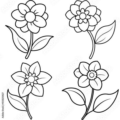 Cartoon Flowers Coloring Book Page Line Art – Hand-Drawn Outline Floral Illustration