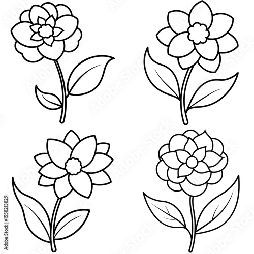 Cartoon Flowers Coloring Book Page Line Art – Hand-Drawn Outline Floral Illustration