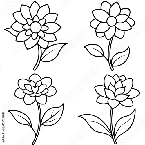 Cartoon Flowers Coloring Book Page Line Art – Hand-Drawn Outline Floral Illustration
