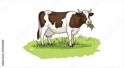 Cows chomp on grass, with hand-drawn designs.

