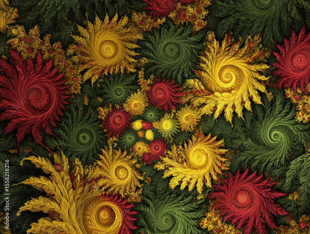 Close-up view of a vibrant, layered fractal tapestry with sunburst motifs Colors transition from green, red, yellow, and other shades Similar motifs follow the color scheme, creating - AI-Generated Close-up view of a vibrant, layered fractal tapestry with sunburst motifs Colors transition from green, red, yellow, and other shades Similar motifs follow the color scheme, creating - AI-Generated