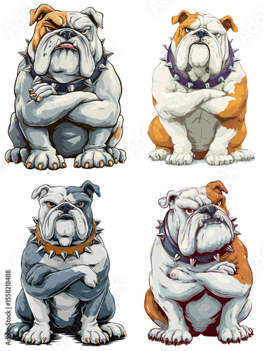 Bold and tough cartoon bulldog characters with crossed arms and spiked collars—great for mascots, logos, sports team branding, or streetwear designs.


