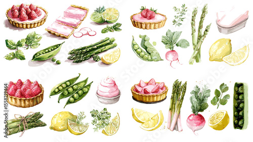 Fresh watercolor illustrations of fruit tarts, peas, lemon, radish, asparagus, and herbs—great for recipe design, food packaging, or farm-to-table branding.

