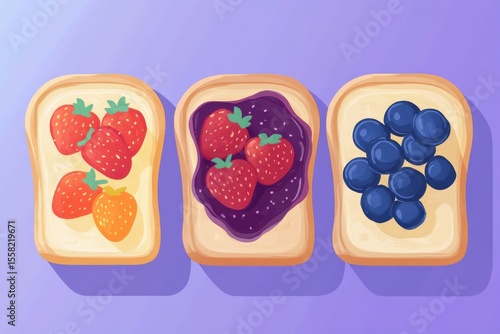 Colorful Sandwiches with Fresh Strawberries, Berry Jam, and Blueberries on Stretched Bread Showcasing Deliciousness and Wholesomeness for a Perfect Snack or Meal Idea