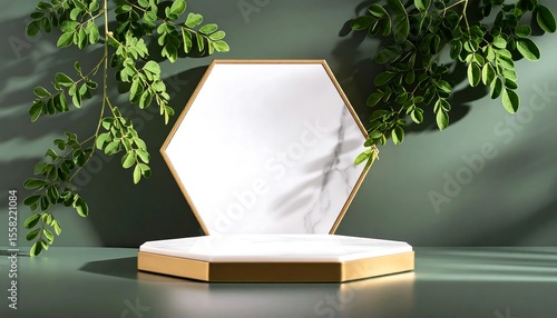 Minimalist of a gold pentagon and hexagon stone tray for displaying product