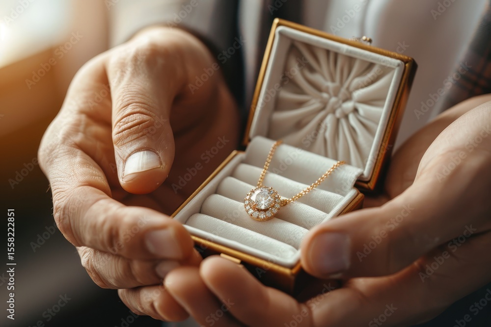 Fototapeta premium Hands holding a small gold jewelry box with a diamond pendant