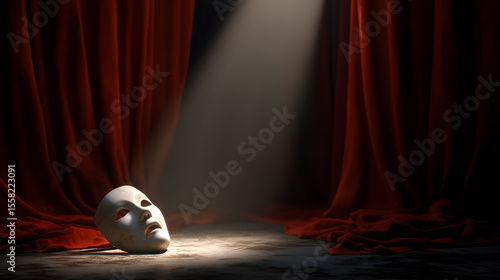Dramatic Spotlight on the Stage: A solitary theatrical mask rests beneath a single, dramatic spotlight, its emotionless face bathed in light against a backdrop of rich red curtains.