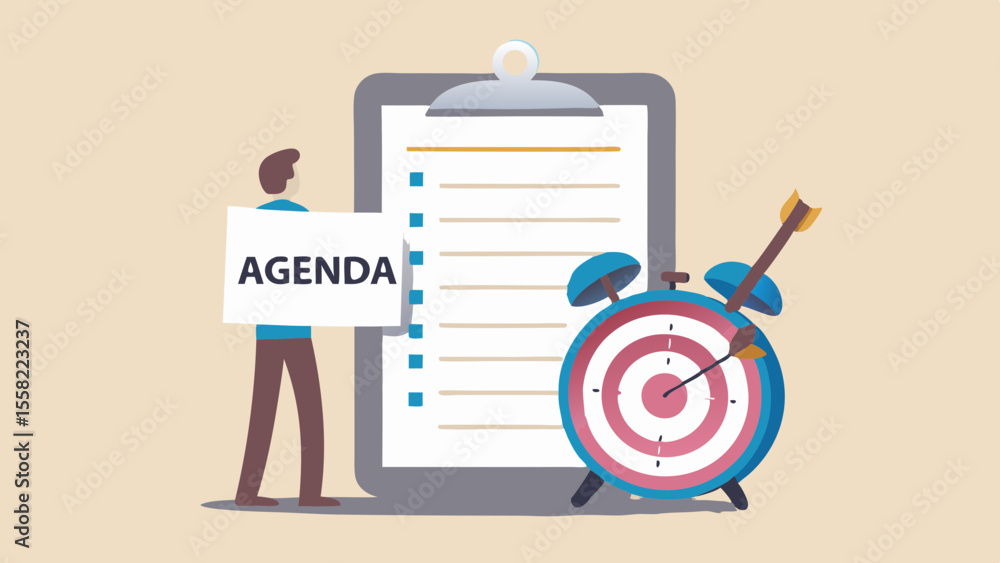Man holding agenda next to a target alarm clock symbolizing time management and goals Man holding agenda next to a target alarm clock symbolizing time management and goals