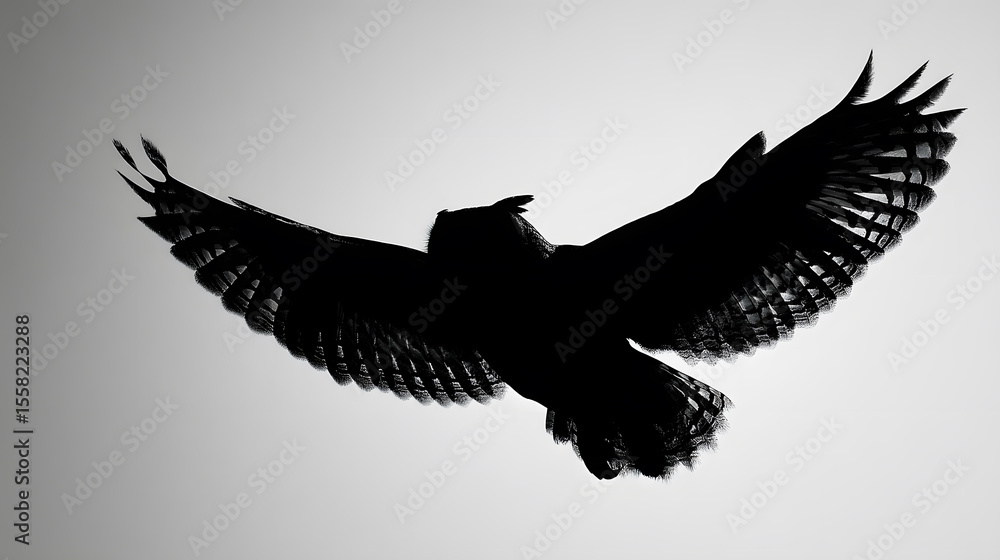 Obraz premium Soaring Silhouette: Capturing the graceful flight of an owl against a luminous sky, this silhouette showcases the power and freedom of the nocturnal bird in a dramatic, high-contrast composition.