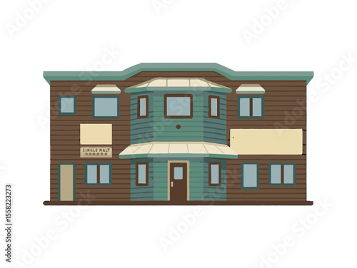 A charming, hand-drawn vector illustration of a two-story wooden lodge or tavern with labeled signage, large windows, and a rustic façade.