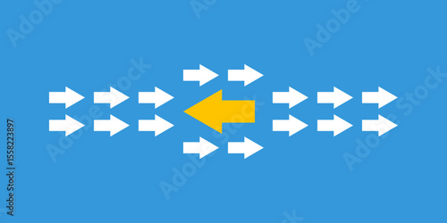 one big yellow arrow among many white small arrows, leadership innovations concept, divided flow illustration, against the current