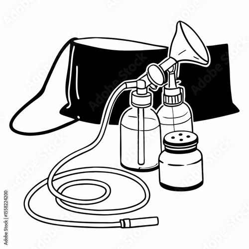 Manual breast pump and jar in black and white drawing