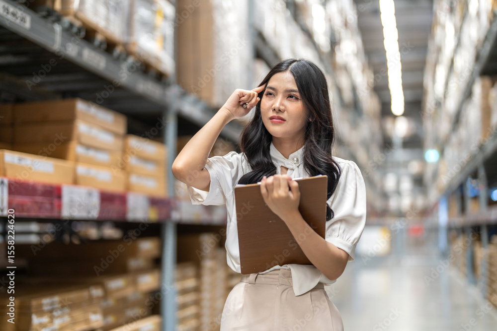 Fototapeta premium Asian warehouse staff woman checking inventory with clipboard in logistics management, working in supply chain, e-commerce, shipping, warehouse management and distribution center industry business