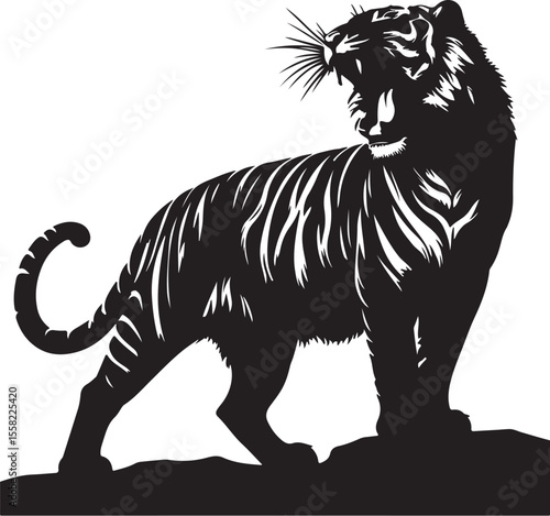 Black panther cartoon vector illustration of a wild lion and other animal silhouettes on white background
