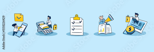 Financial audit and tax calculation icons with characters analyzing data, filling forms, using calculator, reviewing reports, and checklist verification in flat vector style