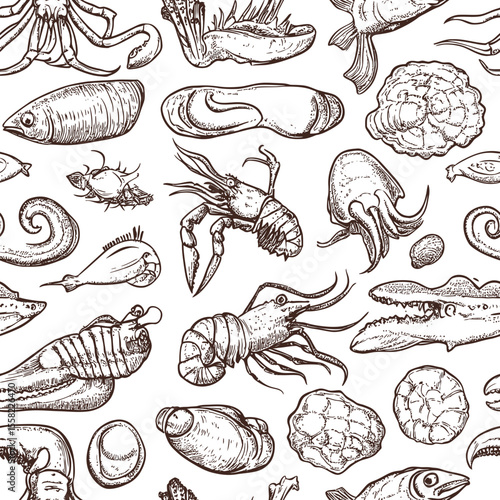 Detailed hand drawn seamless pattern of diverse sea creatures including crabs, octopus, shrimp, clams, shellfish, and various fish in vintage sketch style for marine design