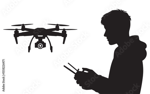 Silhouette of a man operating drone with remote control vector illustration