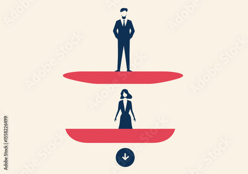 Gender inequality concept with male businessman elevated above female businesswoman on uneven platforms symbolizing workplace disparity and social imbalance vector flat design