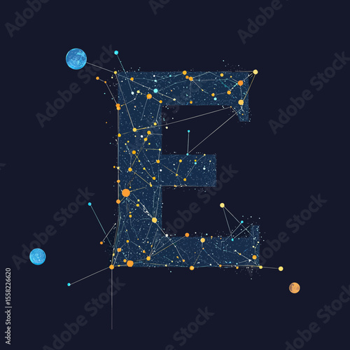 Abstract letter E constellation collage with stars planets and cosmic network connections on dark space background