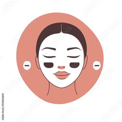 Minimalist flat vector of woman with facial white skin mask and black under-eye patches isolated on circular muted background for skincare beauty concept illustration