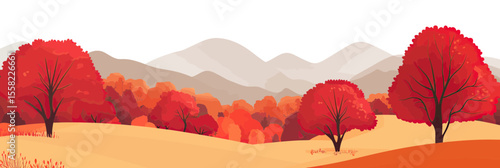 Minimalist flat vector autumn landscape with vibrant red trees and rolling hills under soft mountain background in warm seasonal colors