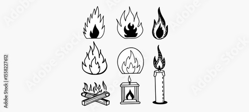 Set of fire flame vector icons.. Bonfire icons, flaming elements.