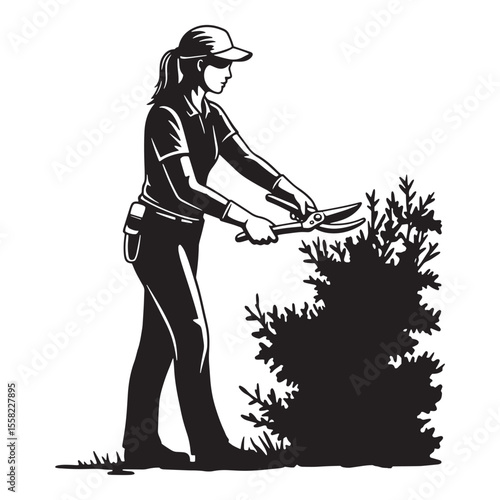 A gardener pruning a bush with shears in silhouette simple vector illustration