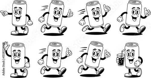 Eight animated soda cans with arms legs and faces in various poses