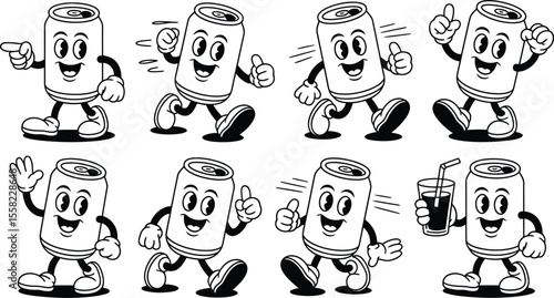 Collection of cartoon soda can characters in various poses and actions