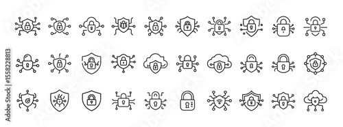 Cybersecurity Icon Set. Containing virus, malware, spyware, bug, firewall, data protection, antivirus, network shield, threat detection, and secure system icons. Solid icon collection.