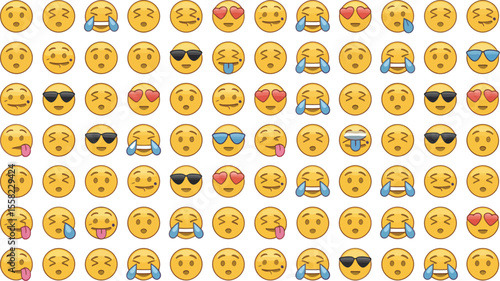 Pattern of various yellow emoji faces expressing different emotions