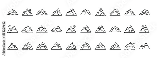 Mountain and Hiking Icon Set. Containing peak, mountain range, hiking, adventure, exploration, nature, climbing, travel, camping, and landscape icons. Solid icon collection.