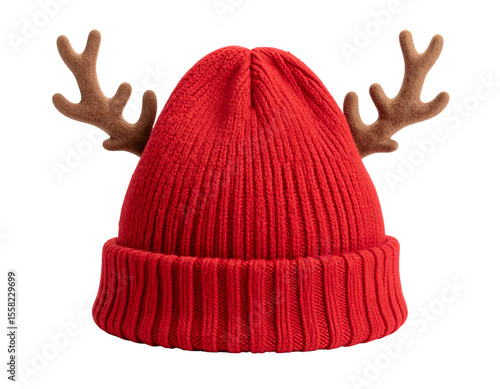  Firefly_Festive red knit hat with reindeer antlers on white isolated background.