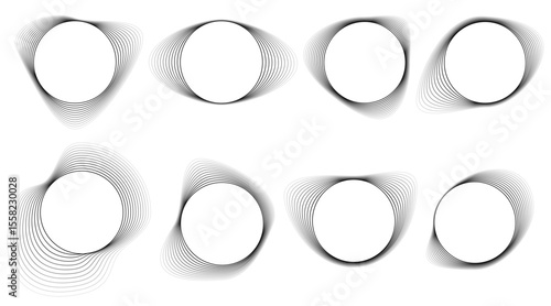 Collection of warped circular line art elements. Minimalist abstract contour shapes for posters, logos, and digital interfaces. Abstract black shapes suitable for tech, branding, and design concepts.