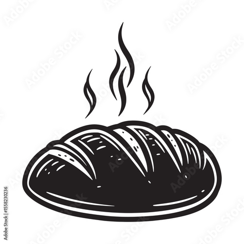 Freshly baked artisan bread with steam emanating hand drawn black and white illustration