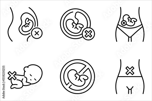 Abortion icon set. Pregnancy loss symbol. Pregnancy miscarriage, infant loss. Birth control, womb baby. vector illustration on white background