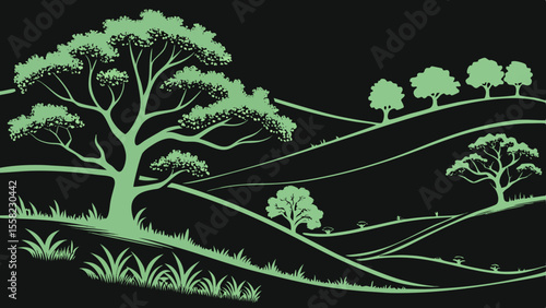 Smooth repeating design with trees and hills in dark green black background vector illustration. 