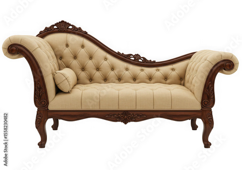 Elegant tufted chaise lounge with ornate dark wood frame