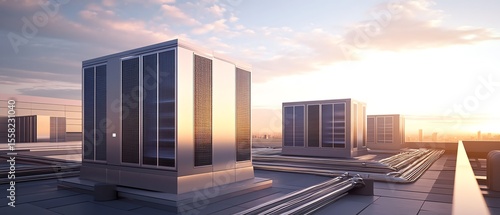 Modern rooftop with urban skyline and sunset.