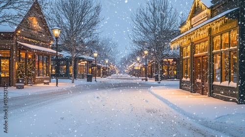 A winter wonderland scene with snow-covered streets and warmly lit shop windows