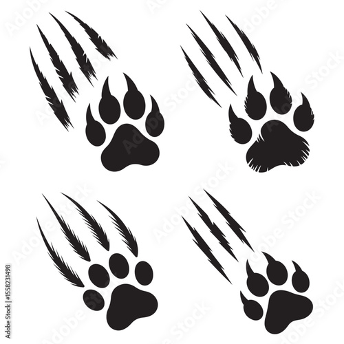 Claw Scratch Animal Paw Print Vector Set | Wild Beast Footprint Silhouettes
