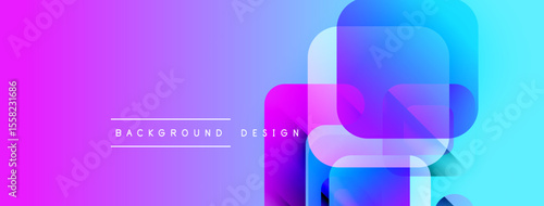 Abstract vibrant background. Overlapping squares create dynamic visual effect. Gradient colors, purple, blue hues dominate composition. Modern design element.