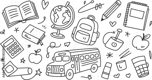 Doodle style back to school items including books and school bus art