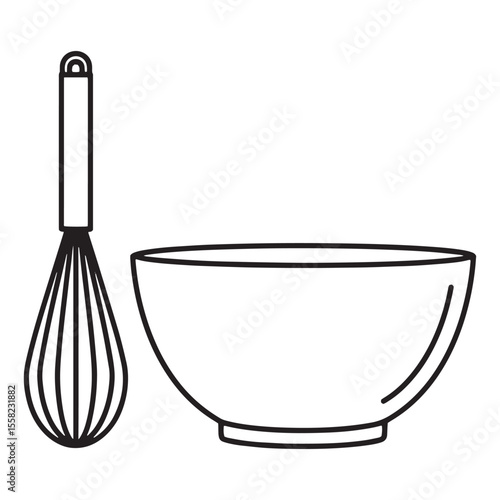 Minimalist black and white illustration of a whisk and mixing bowl for cooking and baking