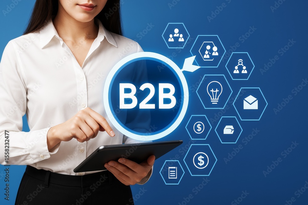 Businesswoman using tablet with B2B icons and abstract technology interface on blue background illustrating modern business concepts. Businesswoman using tablet with B2B icons and abstract technology interface on blue background illustrating modern business concepts.