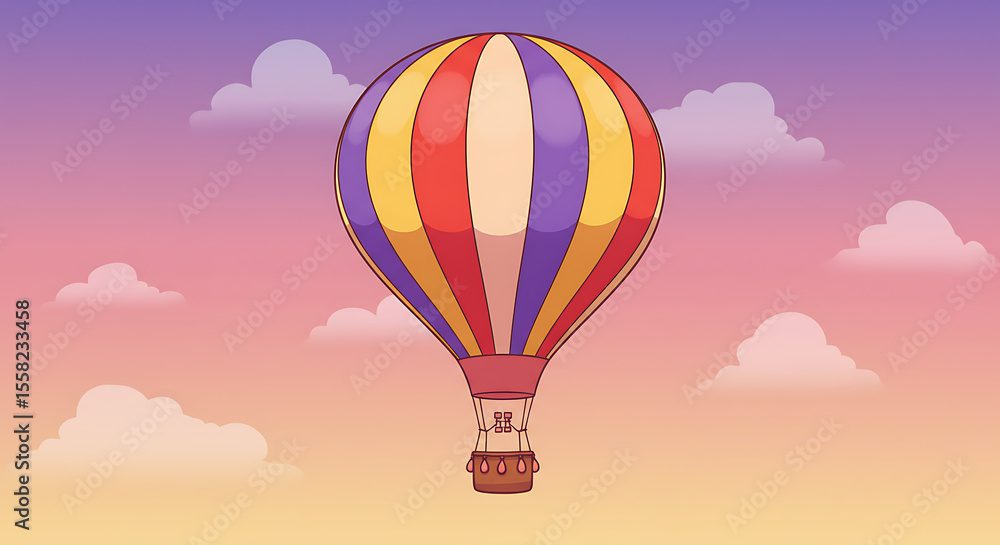Obraz premium Whimsical Hot Air Balloon Adventure Cartoon Illustration Against a Serene Sky with Gentle Clouds and Gradient Colors of Sunrise or Sunset