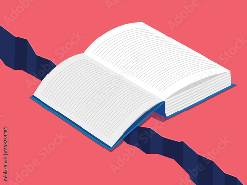 A visually striking illustration of an open book bridging a gap or divide, with a striking contrast. The image conveys themes of knowledge and overcoming obstacles.
