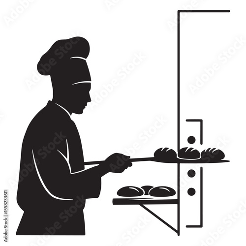 Silhouette of baker placing freshly baked loaves of bread on shelves in bakery