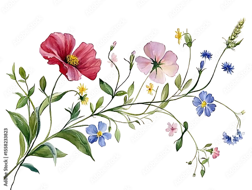 Fototapeta premium Floral arrangement art botanical garden watercolor illustration bright and cheerful environment close-up view nature beauty